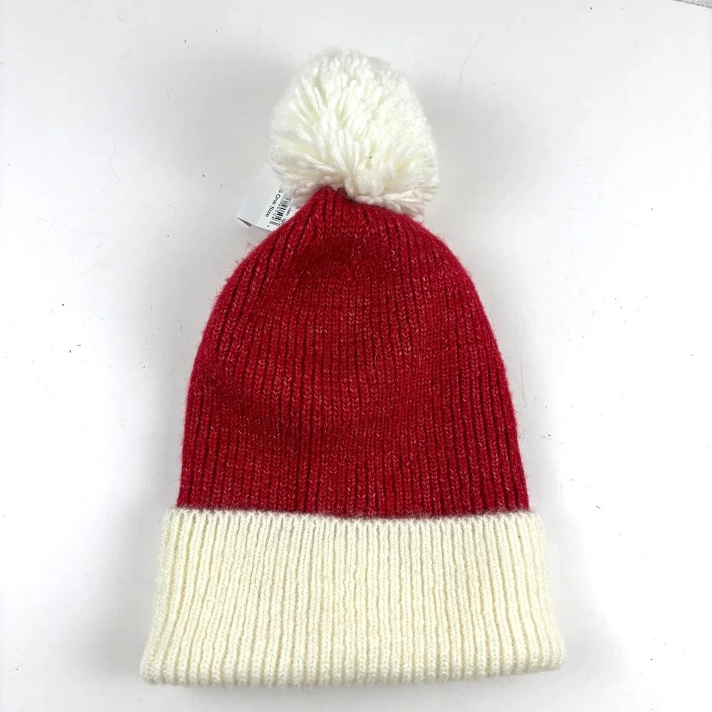 New American Eagle Beanie Womens OS Red Pom‎ Pom Ribbed Knit Holiday Hat Winter
